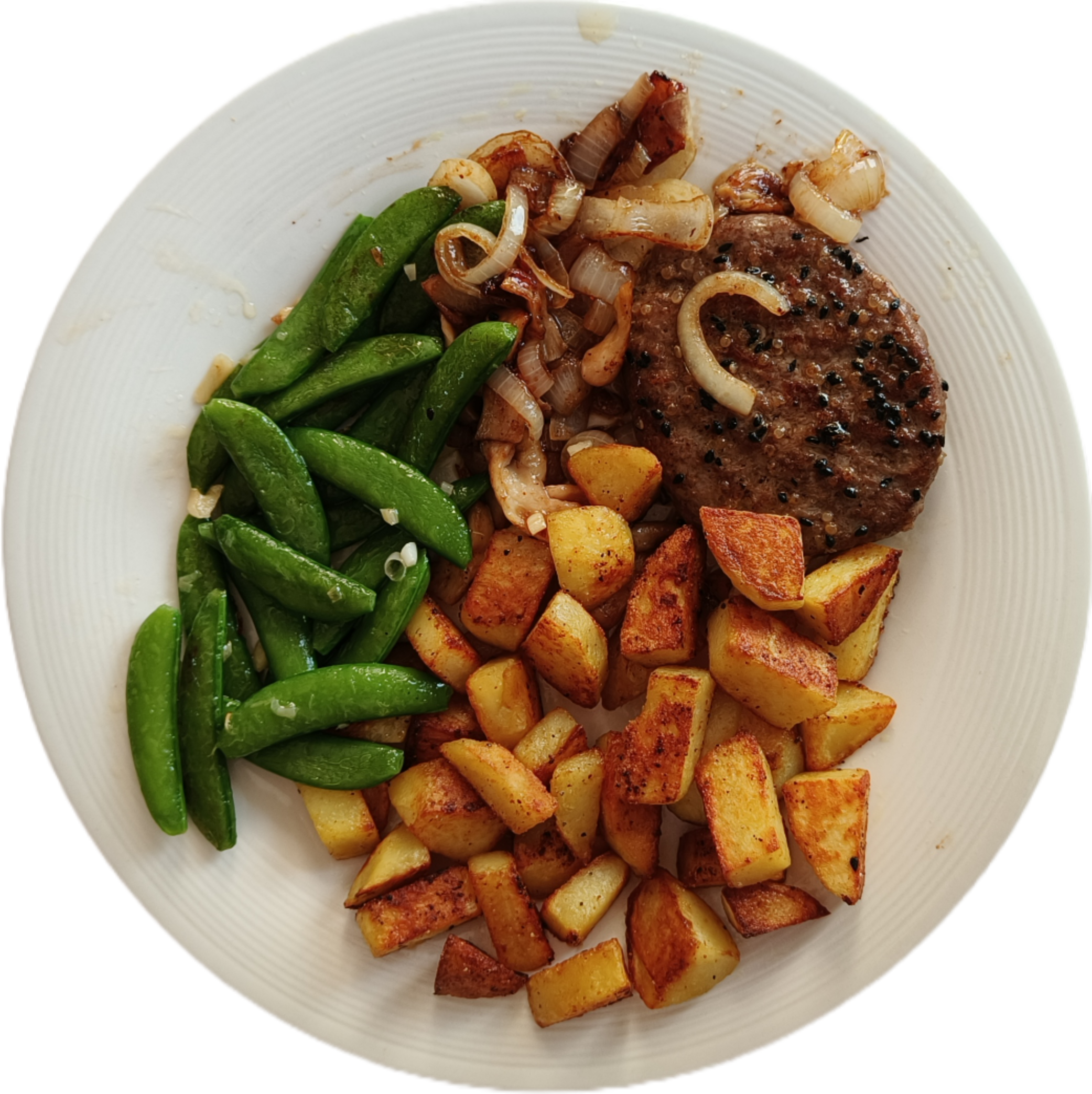 Sugarsnaps met oesterzwam, aardappelblokjes en hamburger