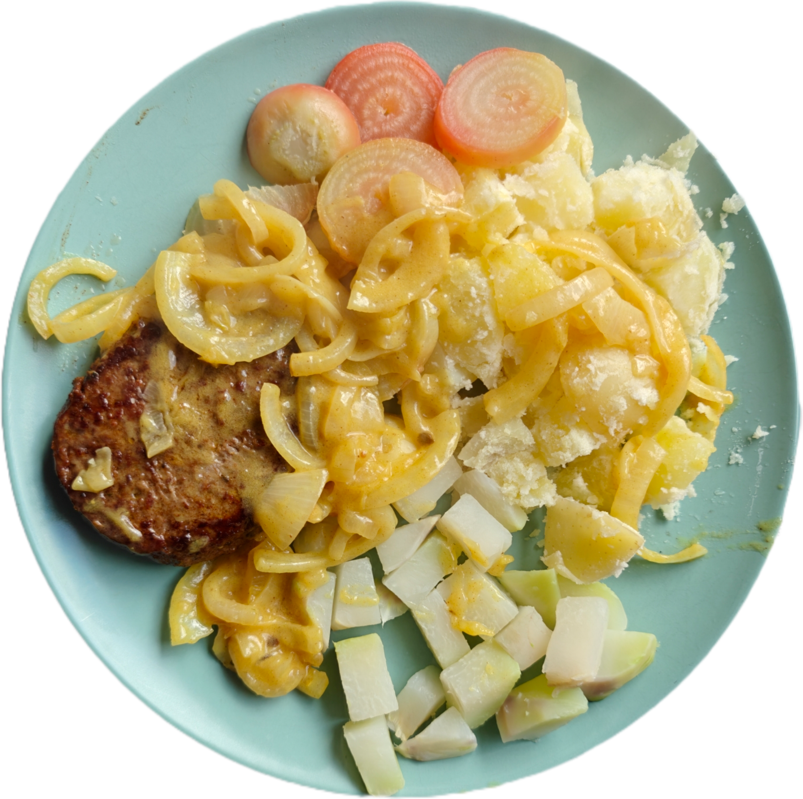 Koolrabi, biet en aardappel met hamburger en uienjus