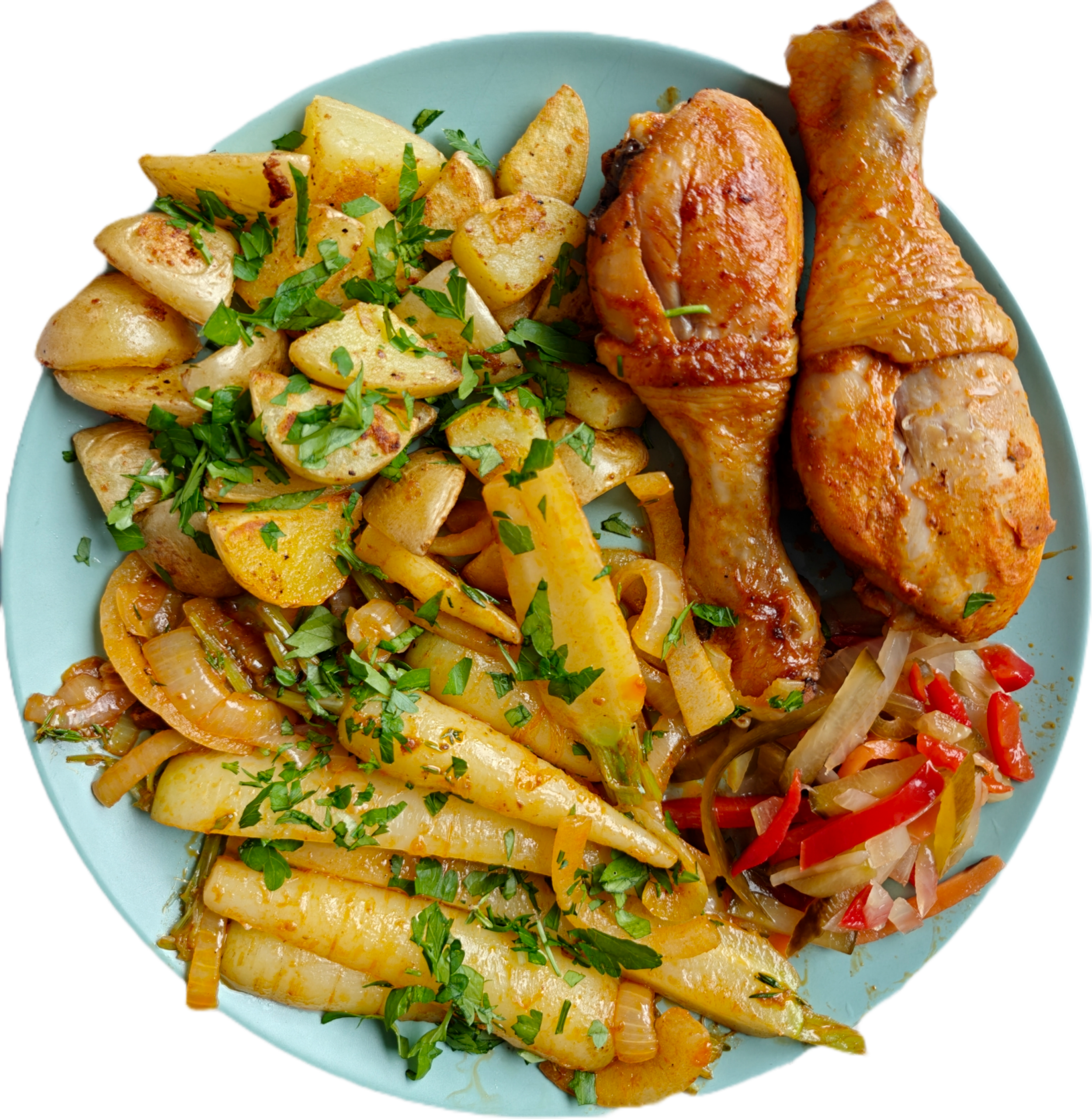 Zomerwortel met krieltjes en honing-tijm drumsticks